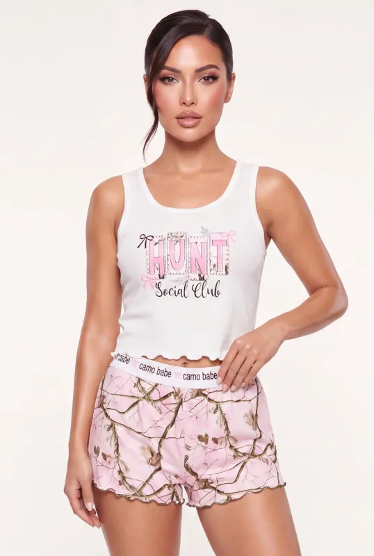 Social Club Graphic Cropped Pajama Tank Top and Shorts Set made by Rainbow