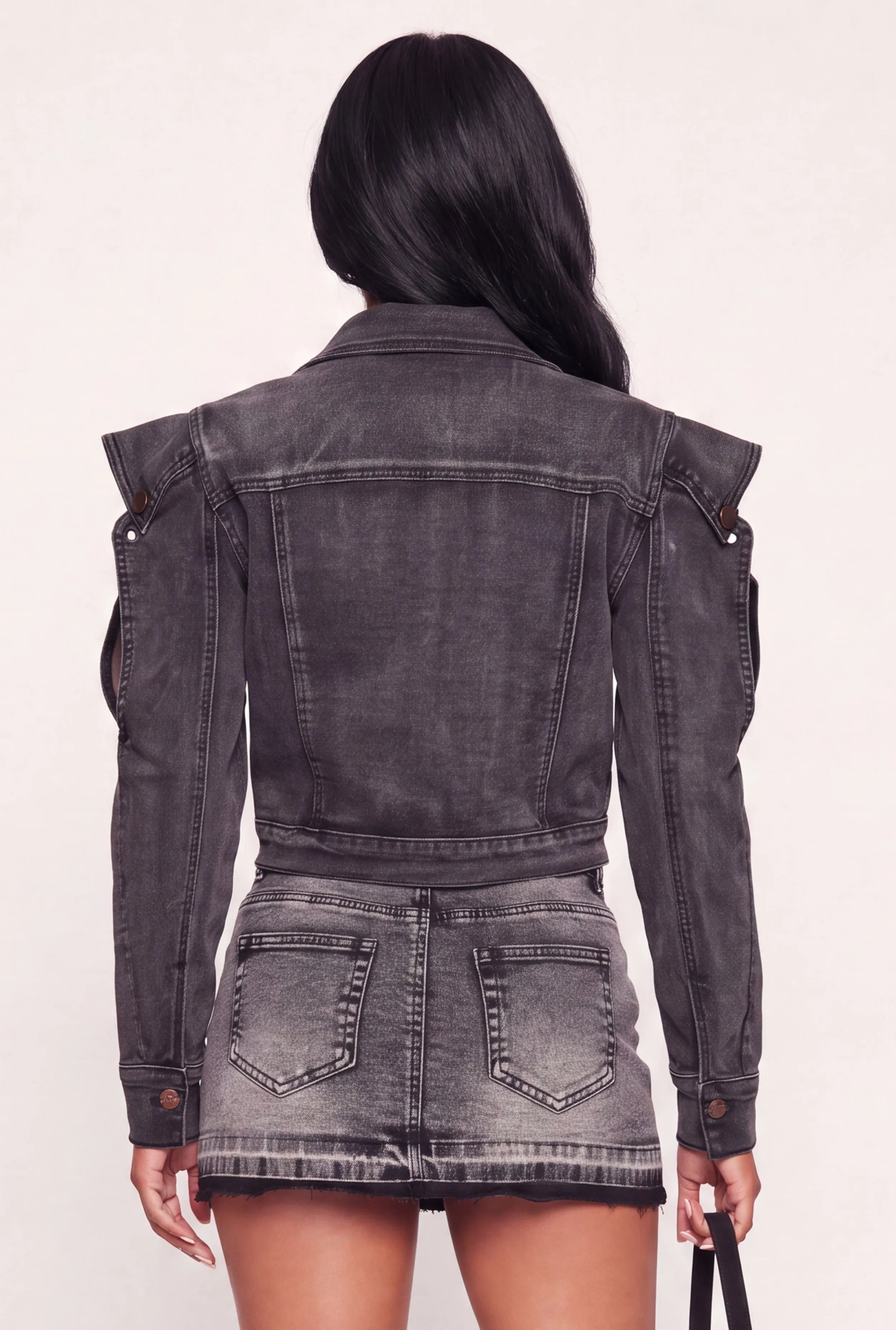 Denim Open Shoulder Cropped Button Front Jacket sold by Rainbow product image thumbnail 5