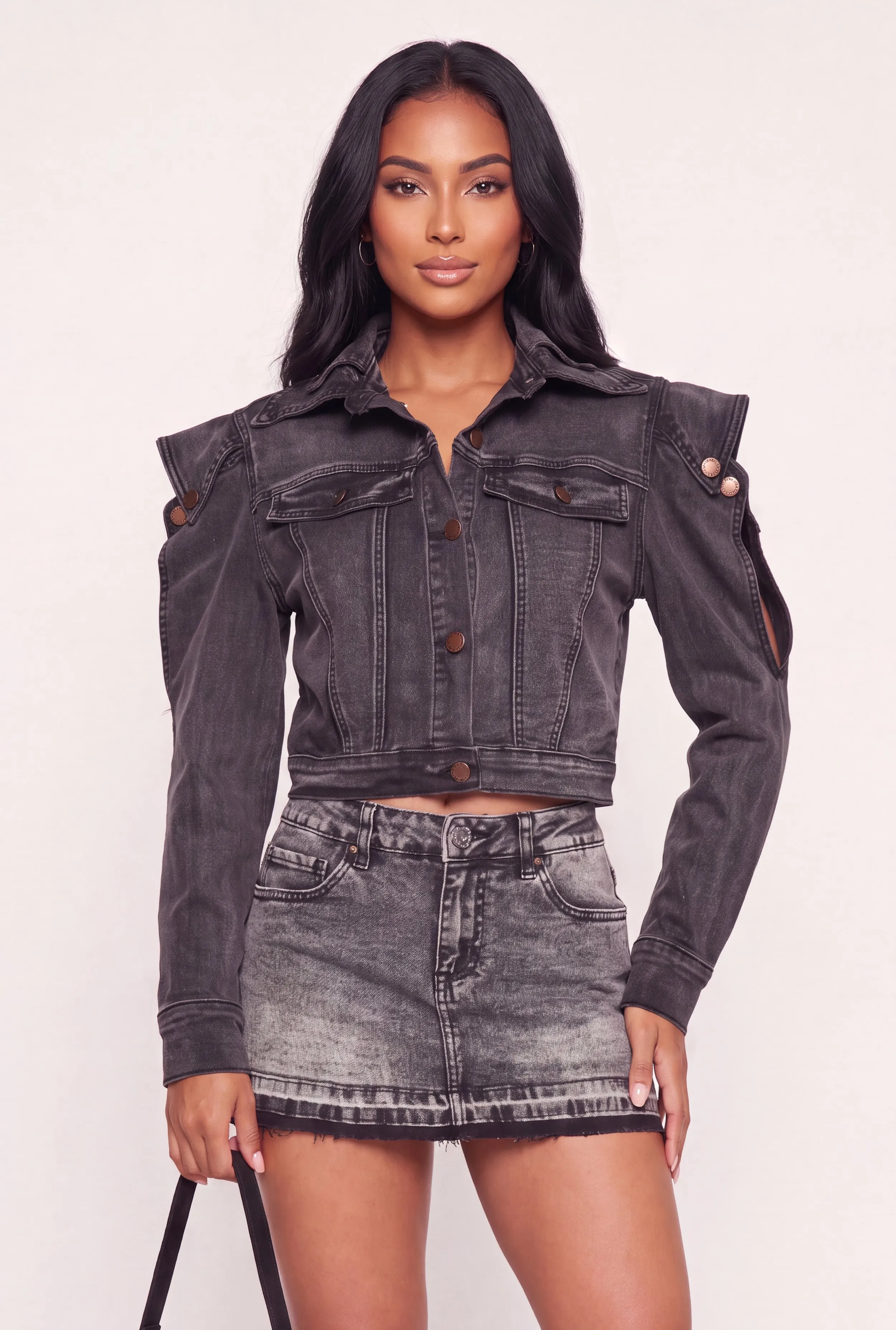 Denim Open Shoulder Cropped Button Front Jacket sold by Rainbow product image thumbnail 2