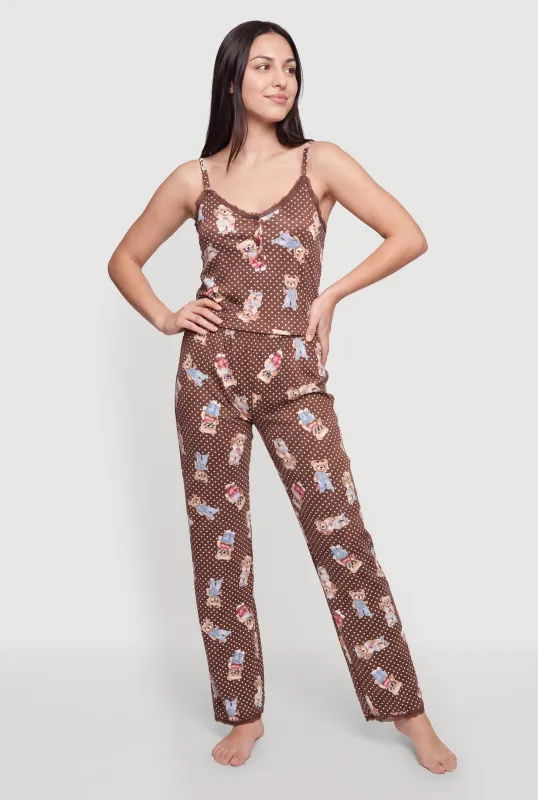 Polka Dot Teddy Bear Print Pajama Cami and Pants made by Rainbow