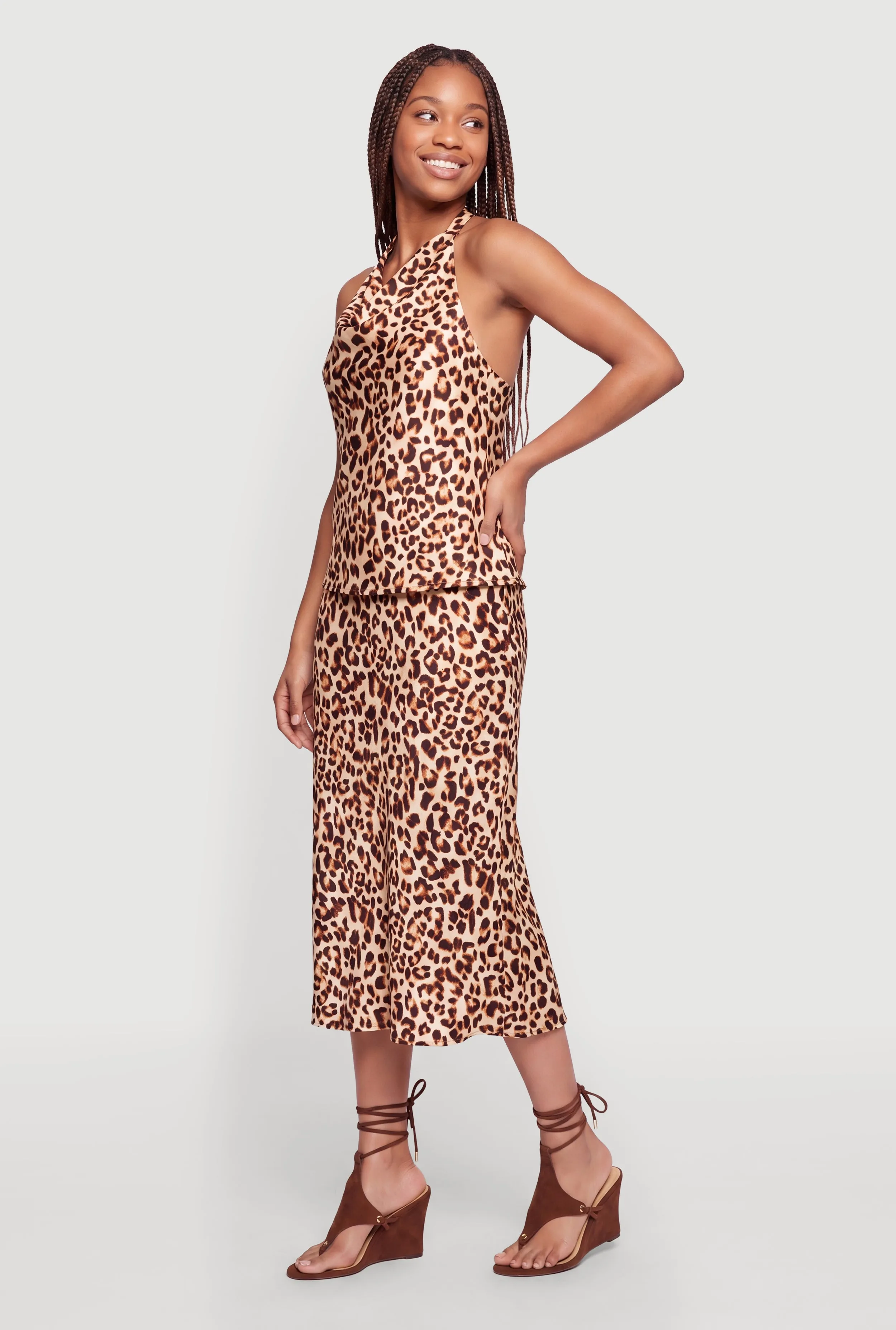 Leopard Print Satin Midi Skirt sold by Rainbow