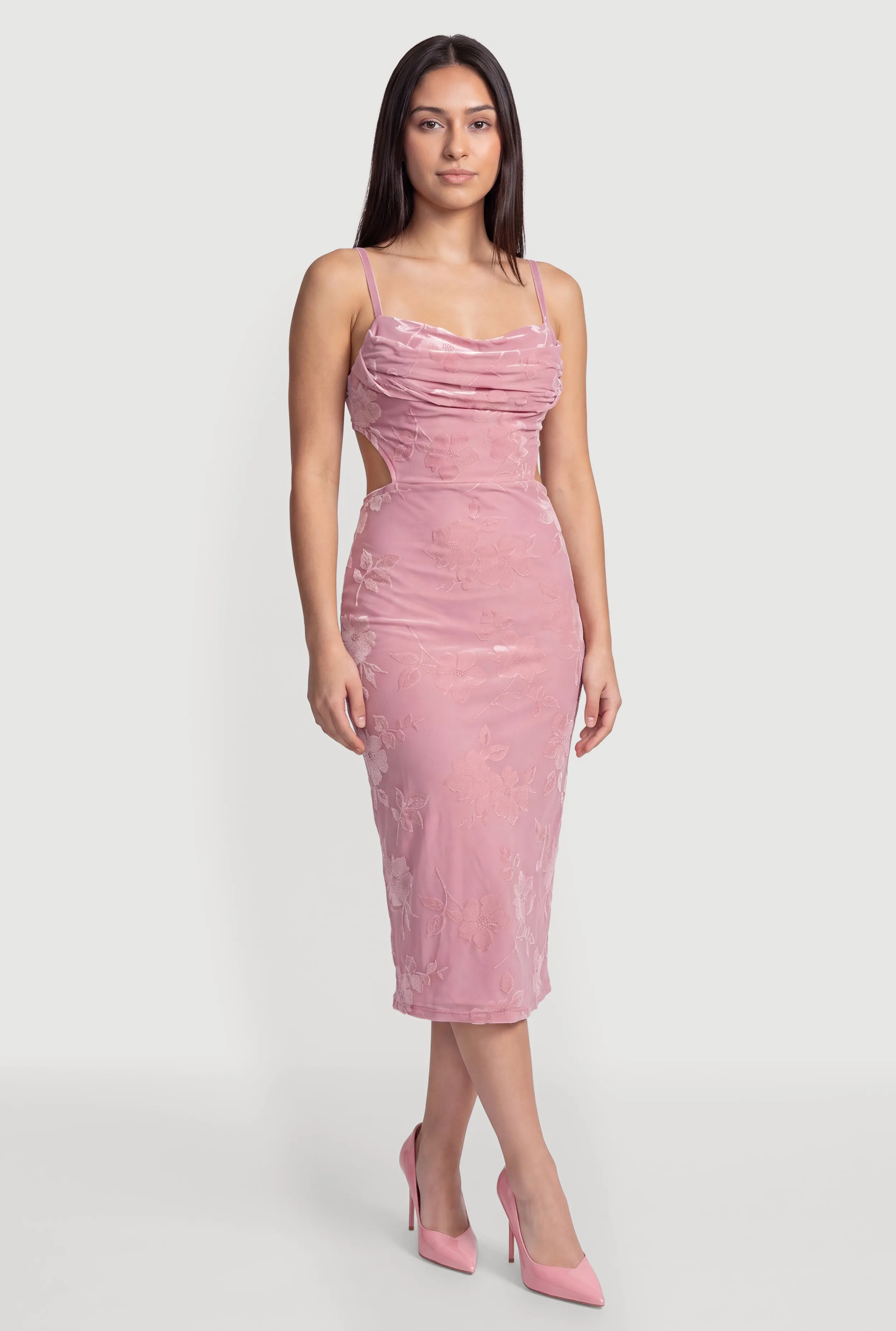 Floral Velvet Burnout Cowl Neck Bustier Midi Dress sold by Rainbow