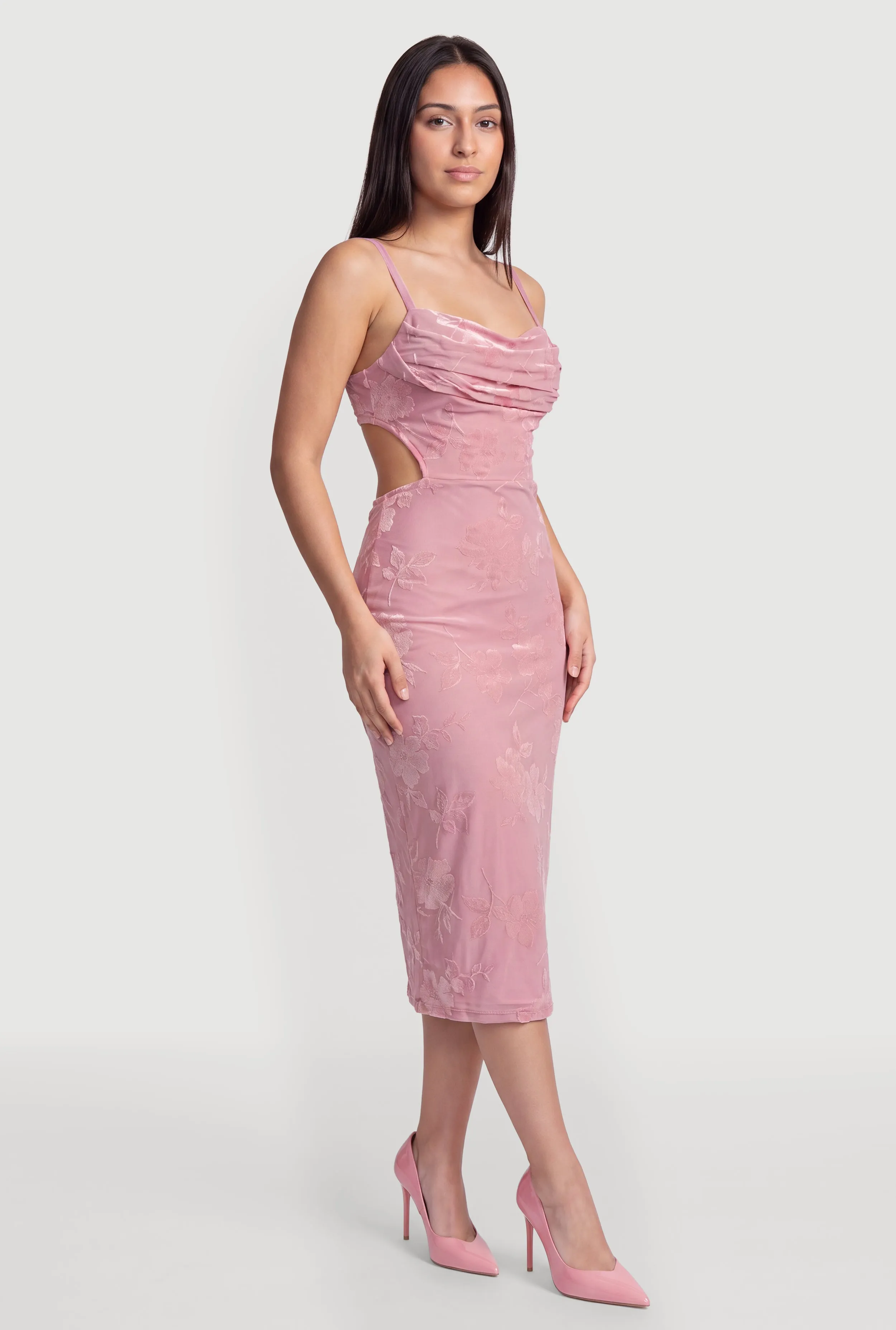Floral Velvet Burnout Cowl Neck Bustier Midi Dress sold by Rainbow product image thumbnail 2