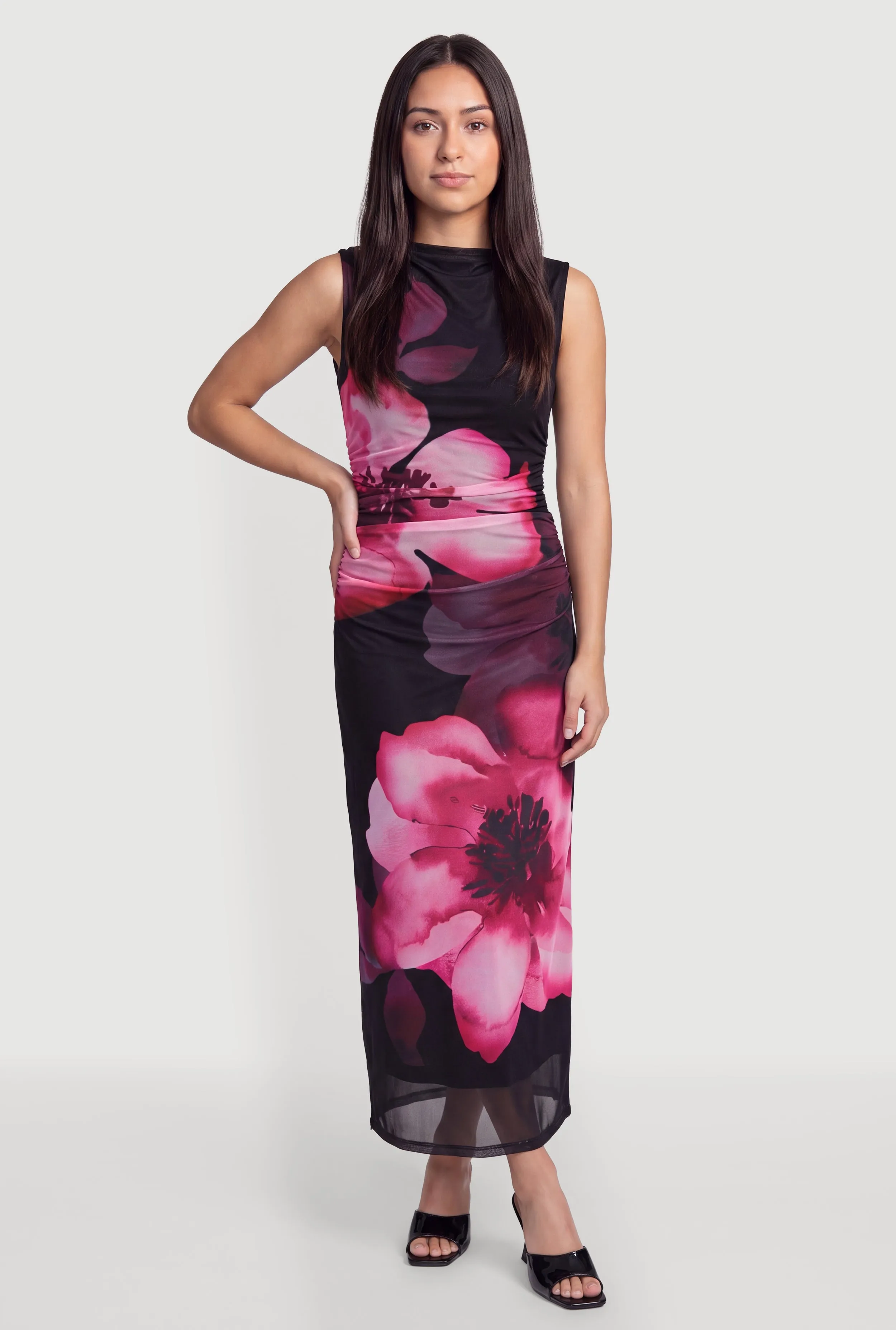 Sleeveless Mock Neck Ruched Floral Mesh Maxi Dress sold by Rainbow
