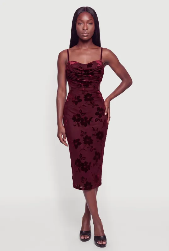 Floral Velvet Burnout Cowl Neck Bustier Midi Dress made by Almost Famous