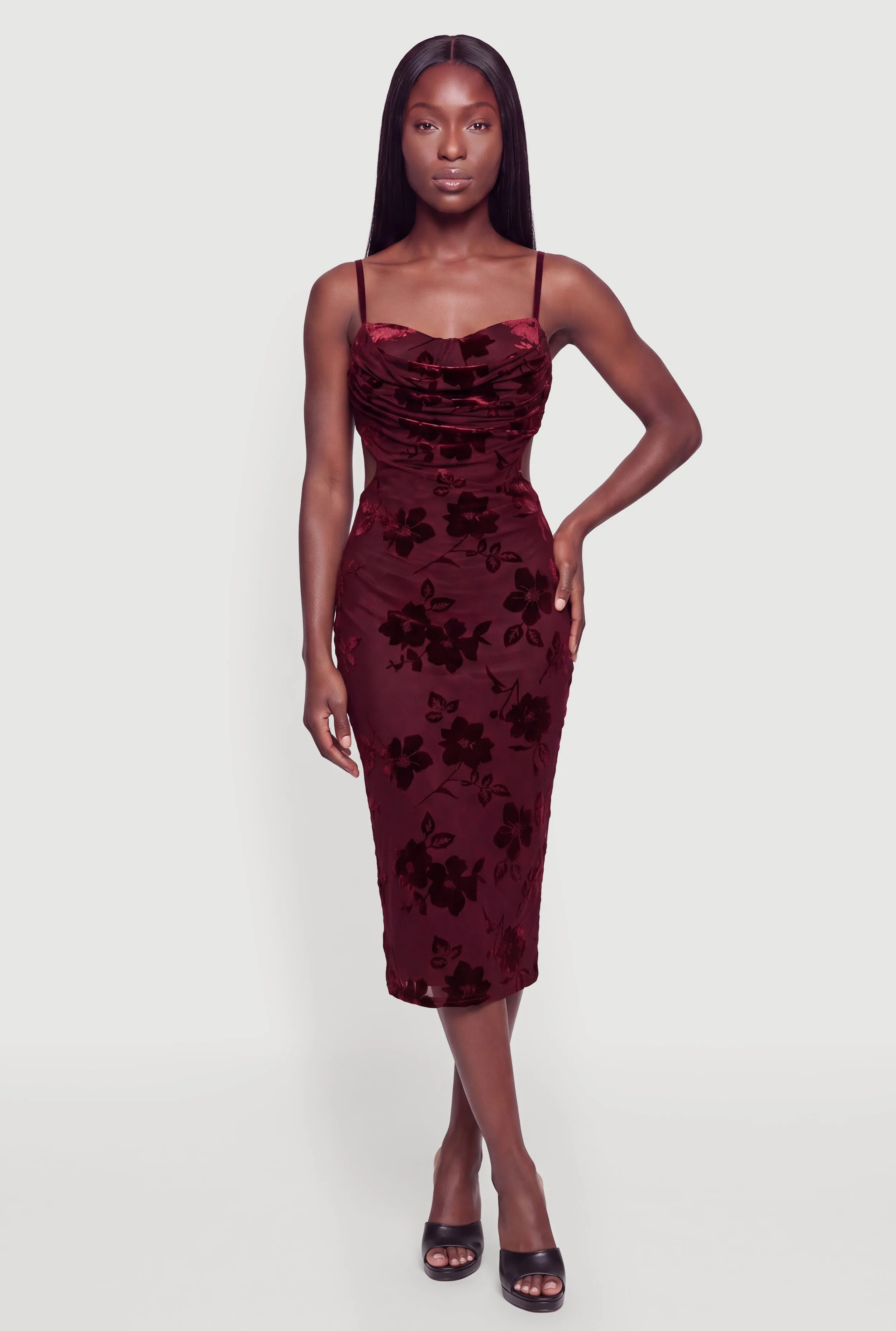 Floral Velvet Burnout Cowl Neck Bustier Midi Dress sold by Rainbow