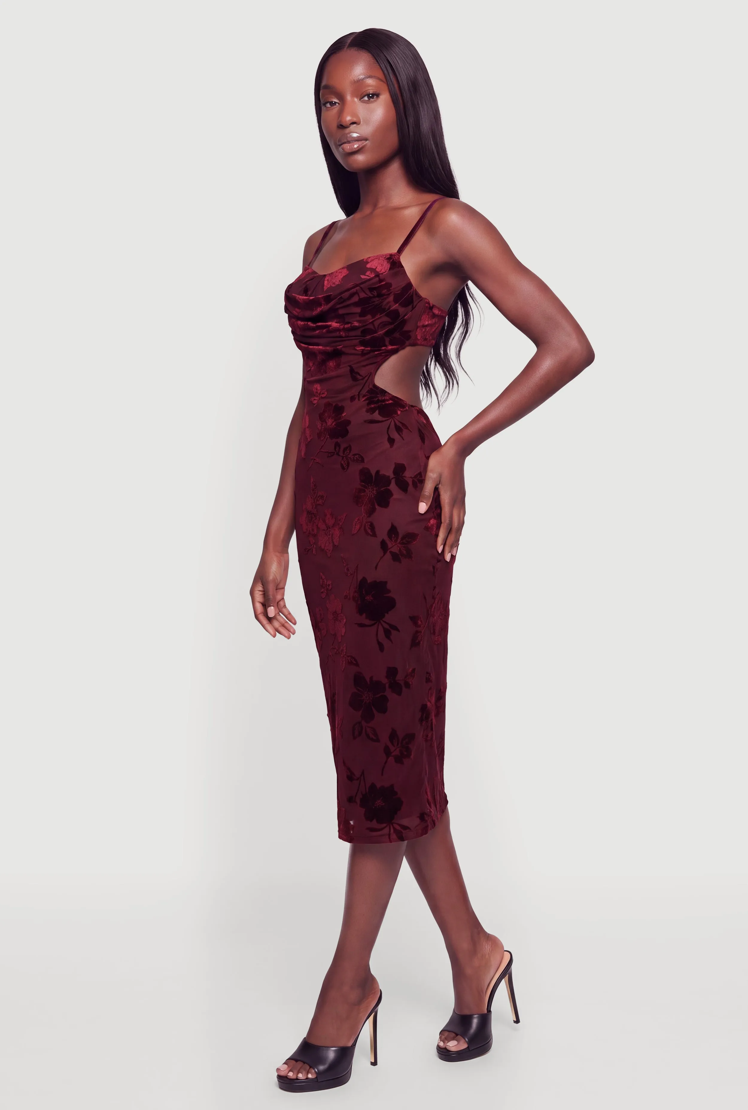 Floral Velvet Burnout Cowl Neck Bustier Midi Dress sold by Rainbow product image thumbnail 2
