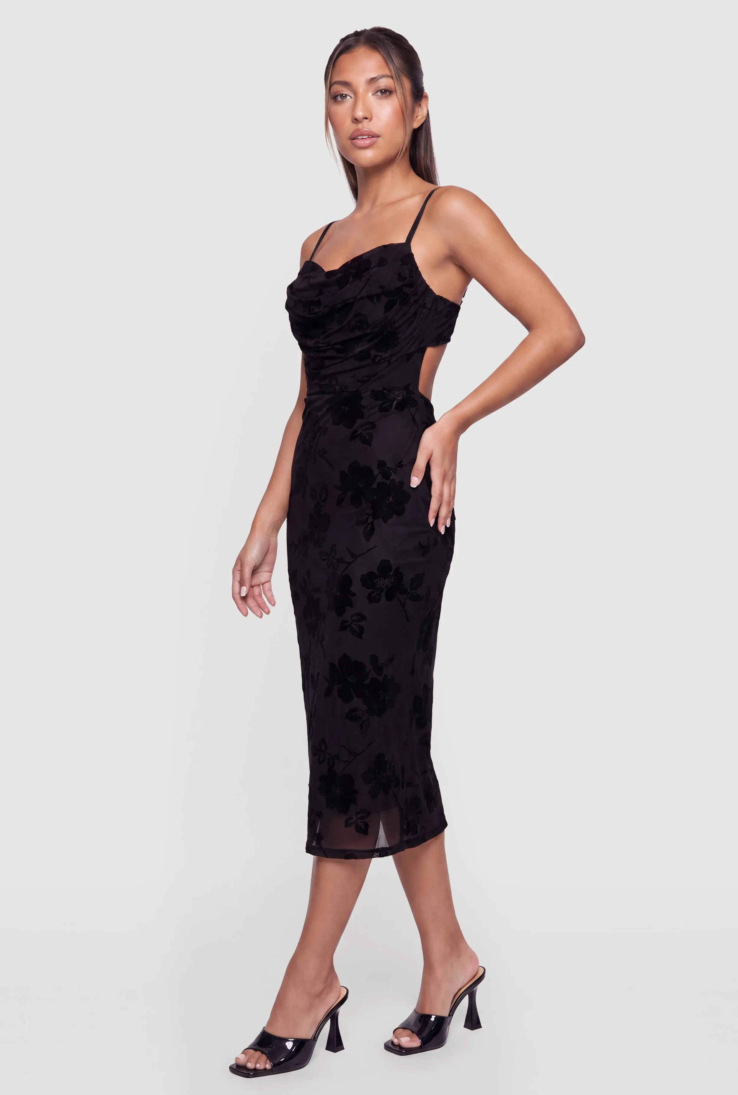 Floral Velvet Burnout Cowl Neck Bustier Midi Dress sold by Rainbow product image thumbnail 2