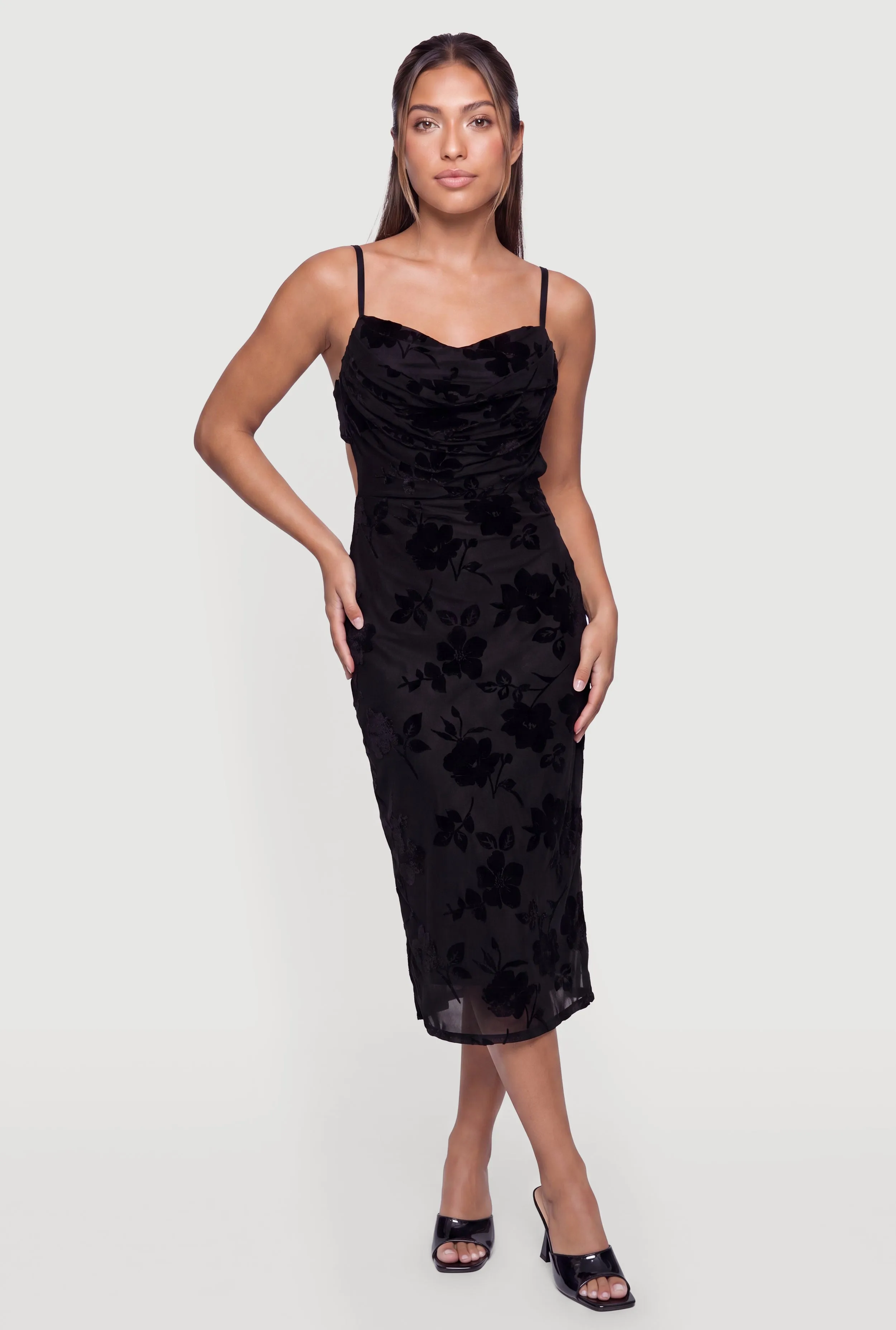 Floral Velvet Burnout Cowl Neck Bustier Midi Dress sold by Rainbow