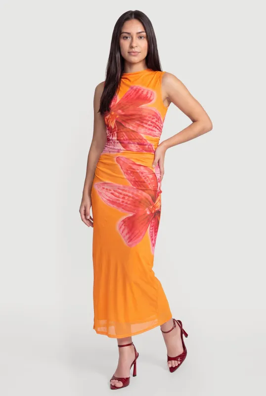 Sleeveless Mock Neck Ruched Floral Mesh Maxi Dress made by Madden Girl