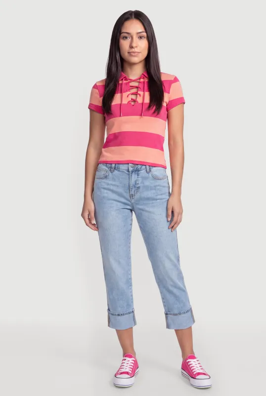 Lace Up Striped Polo Top made by Rainbow
