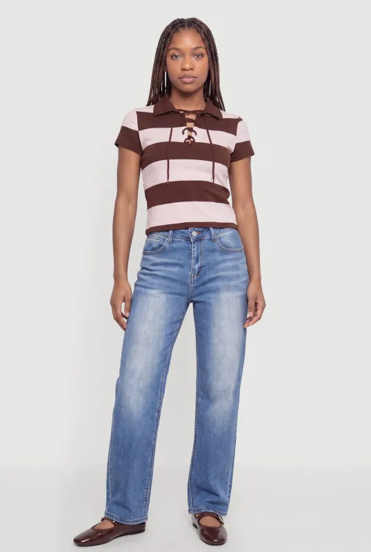 Lace Up Striped Polo Top made by Rainbow