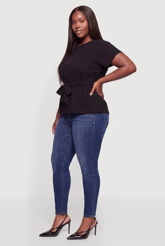 Plus Size Tie Front Waist Detail Dolman Sleeve Blouse made by Rainbow