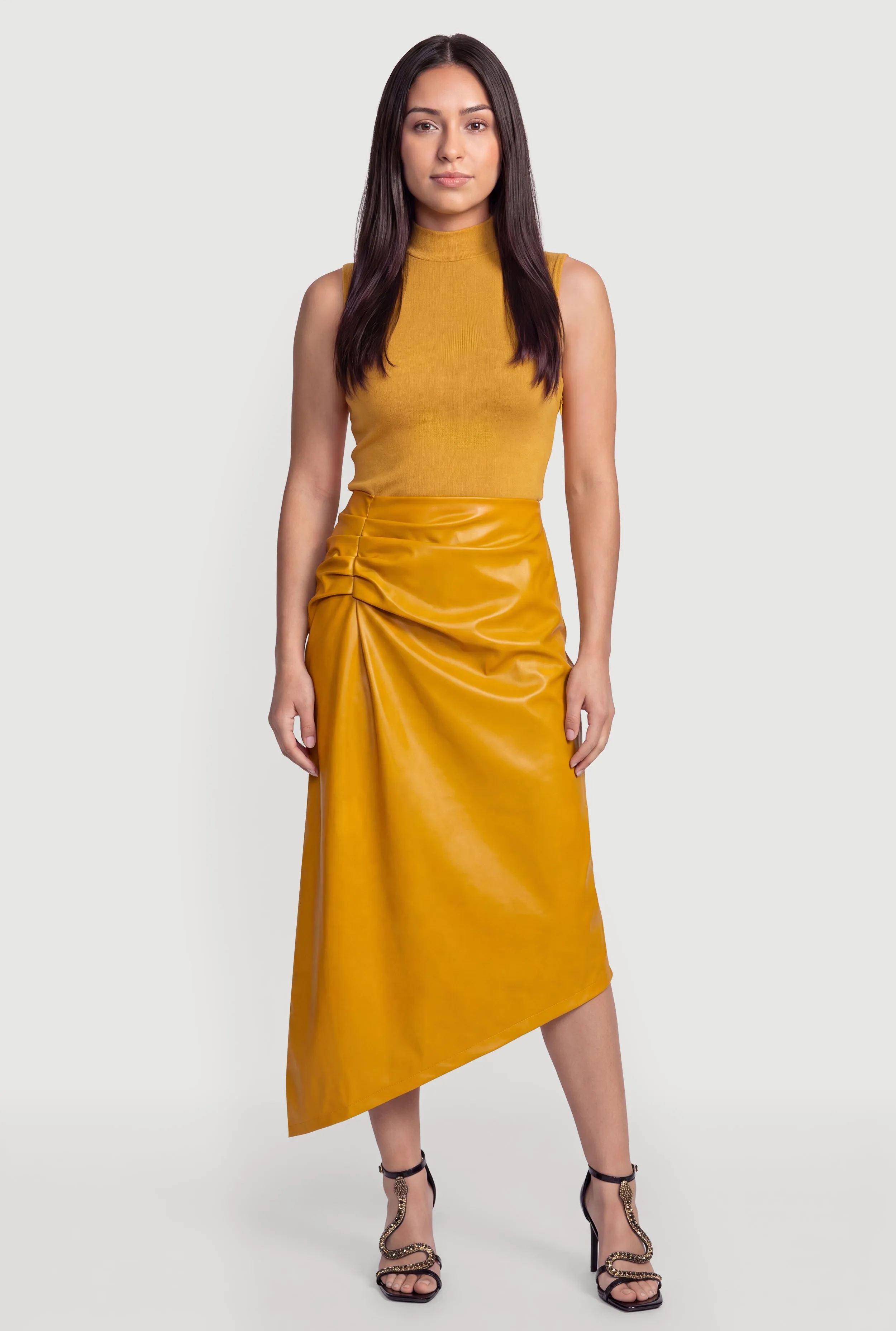 Sleeveless Mock Neck Mixed Media Faux Leather Midi Dress sold by Rainbow product image thumbnail 2