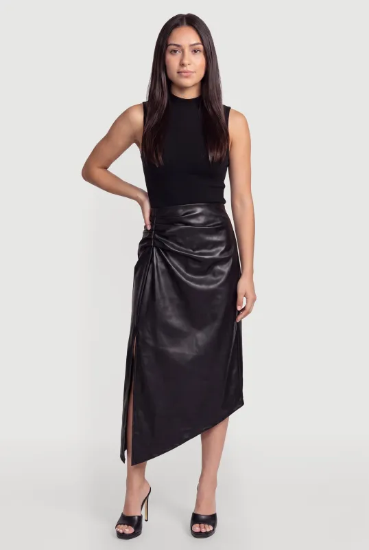 Sleeveless Mock Neck Mixed Media Faux Leather Midi Dress made by Rainbow