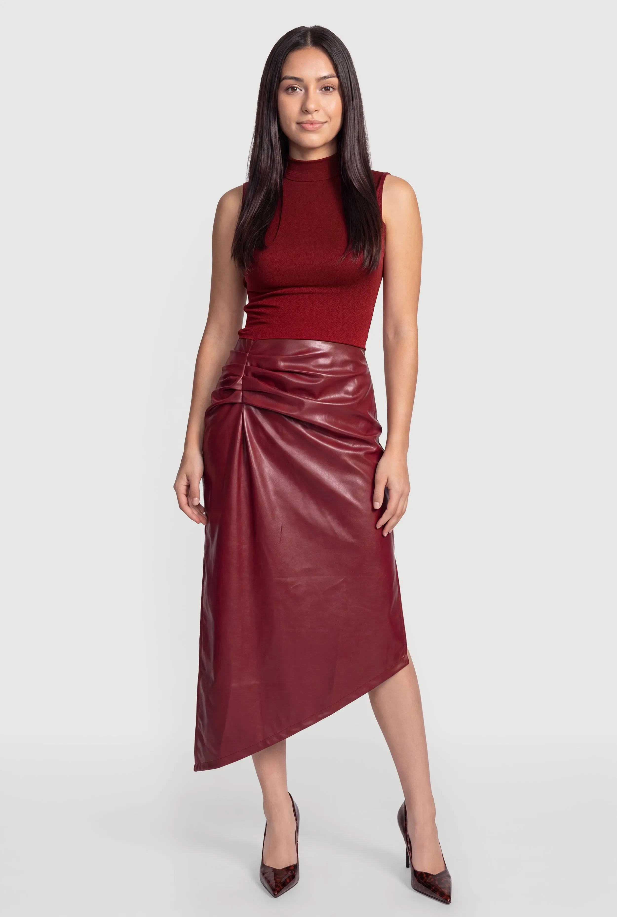 Sleeveless Mock Neck Mixed Media Faux Leather Midi Dress sold by Rainbow product image thumbnail 3