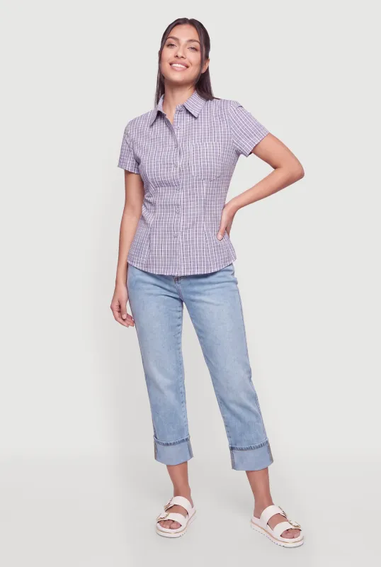 Plaid Seersucker Button Front Pleated Shirt made by Rainbow