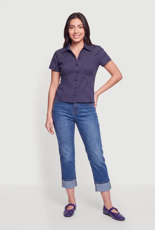 Polka Dot Button Front Short Sleeve Shirt made by Rainbow