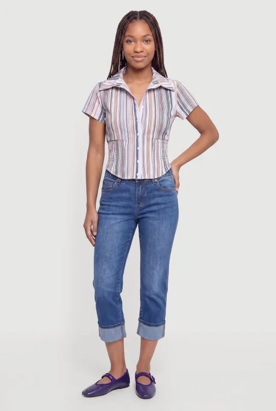 Striped Short Sleeve Smocked Shirt made by Rainbow