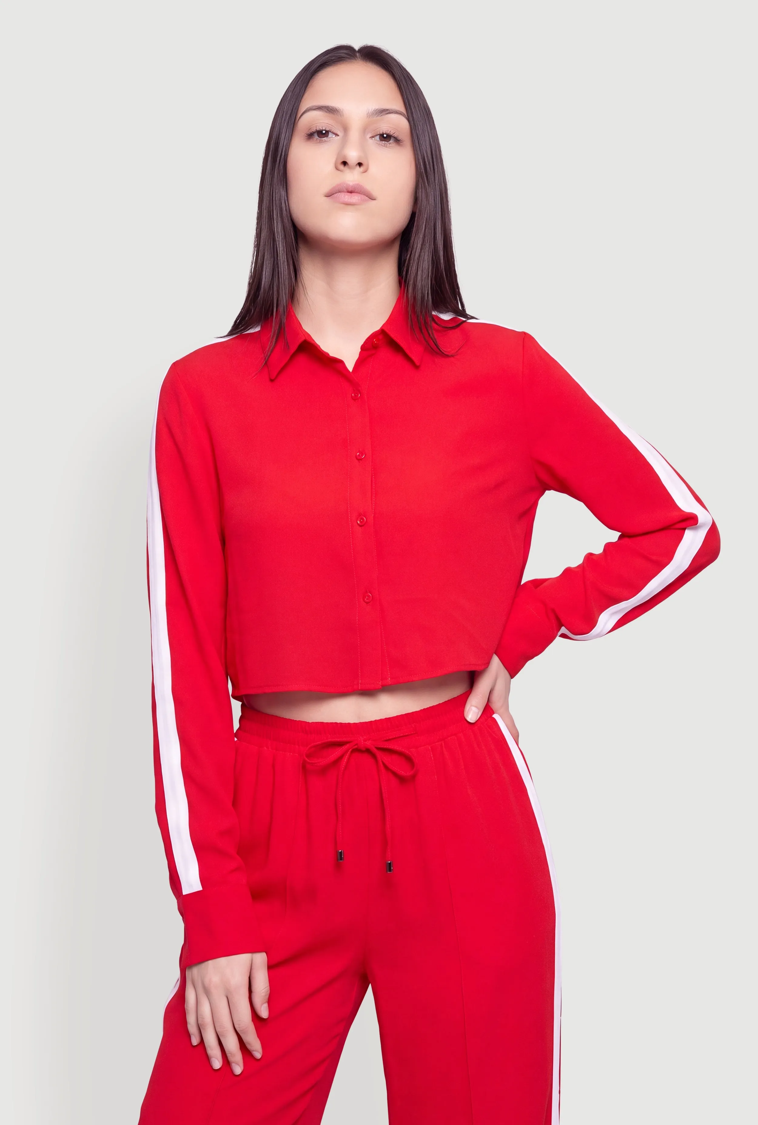 Contrast Trim Long Sleeve Button Front Crop Top sold by Rainbow product image thumbnail 2