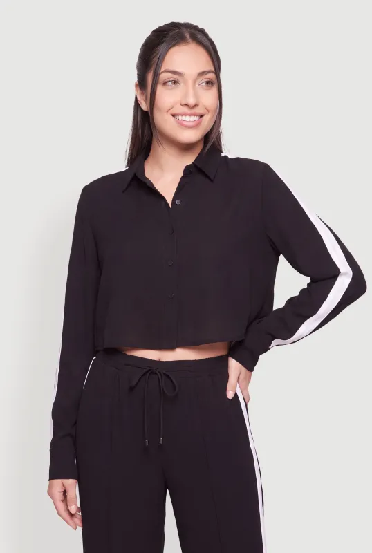 Contrast Trim Long Sleeve Button Front Crop Top made by Rainbow