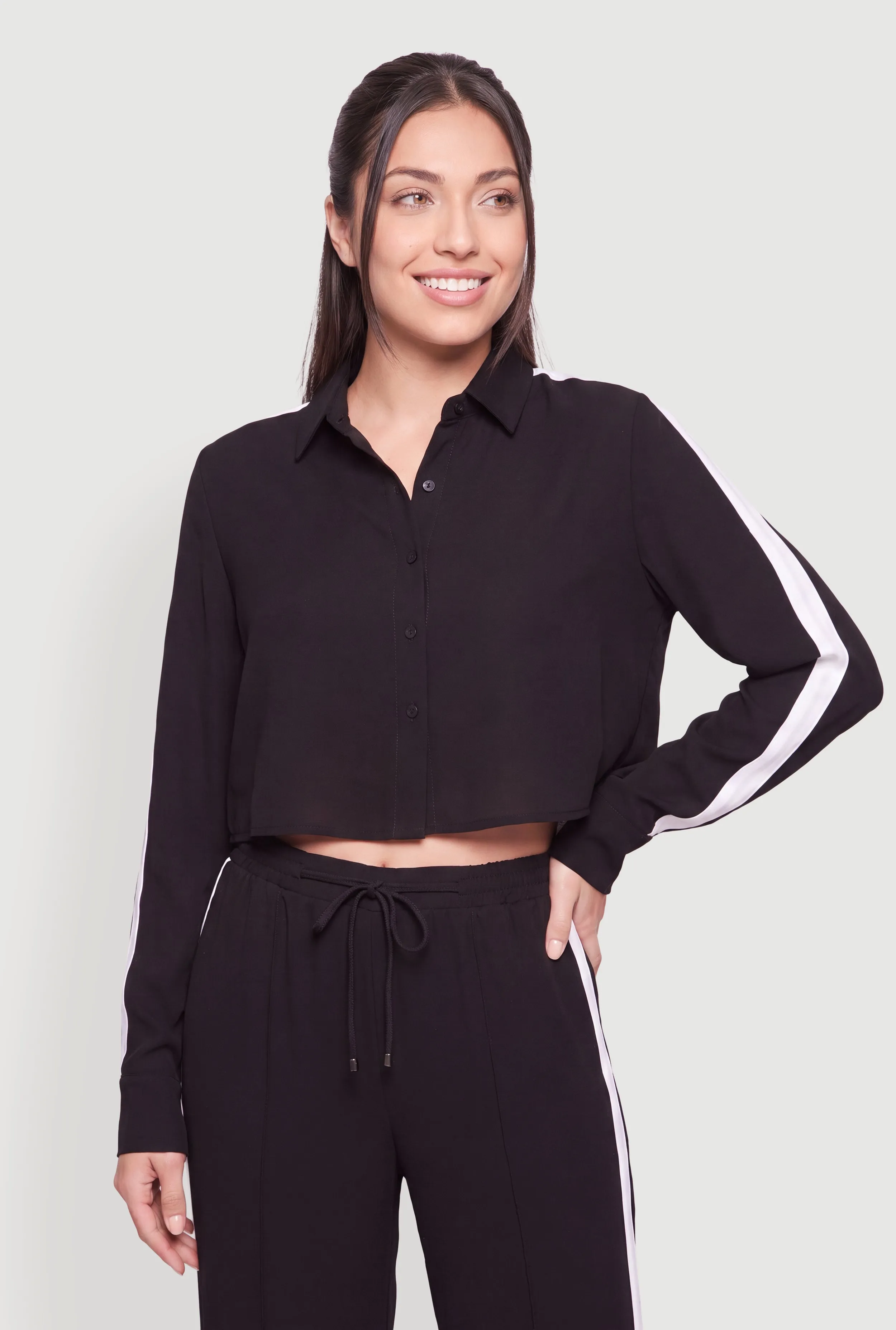 Contrast Trim Long Sleeve Button Front Crop Top sold by Rainbow