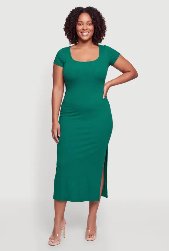 Plus Size Ribbed Knit Square Neck Maxi Dress made by Rainbow