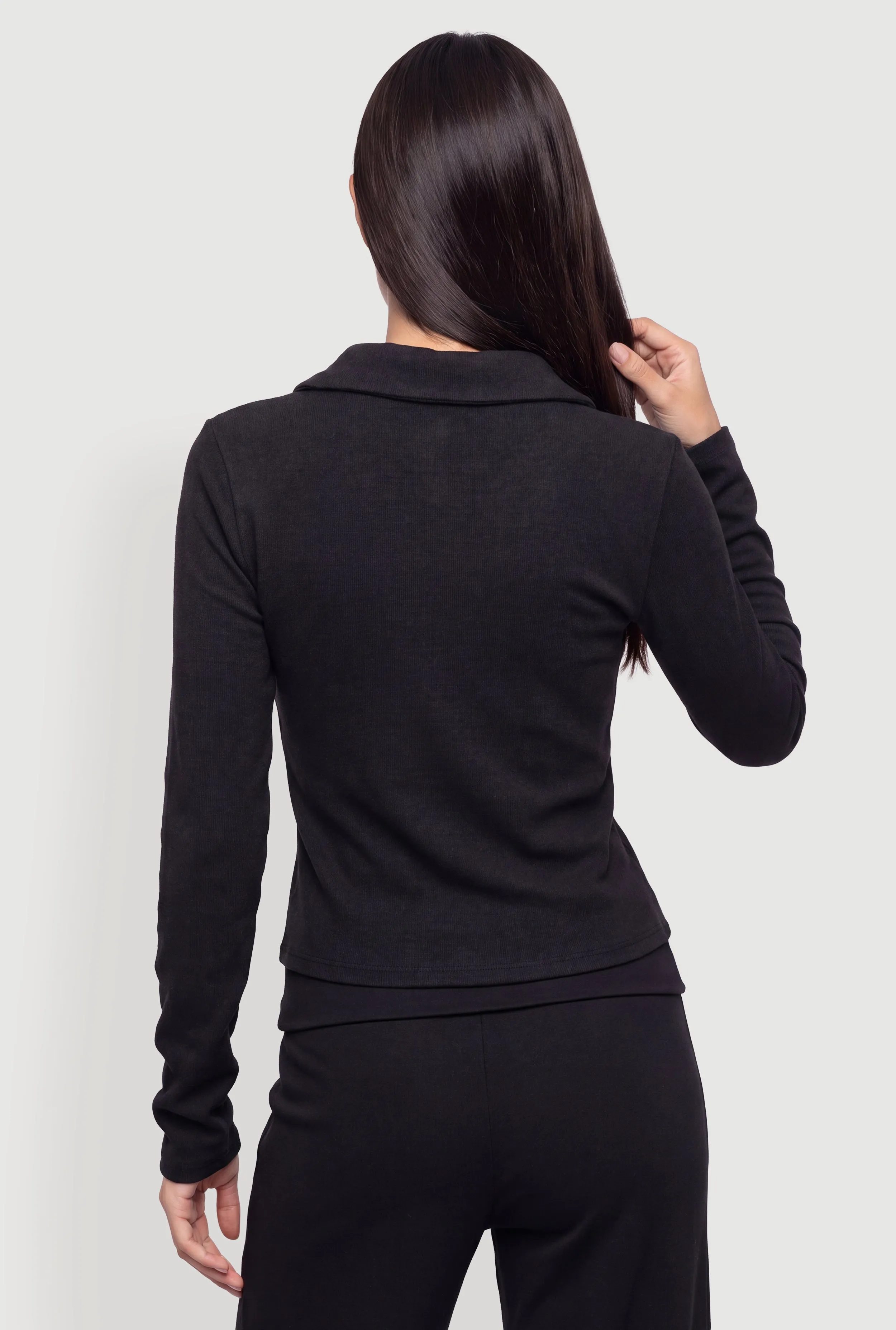 Brushed Rib Knit Ruched Double Zip Front Crop Top sold by Rainbow product image thumbnail 5
