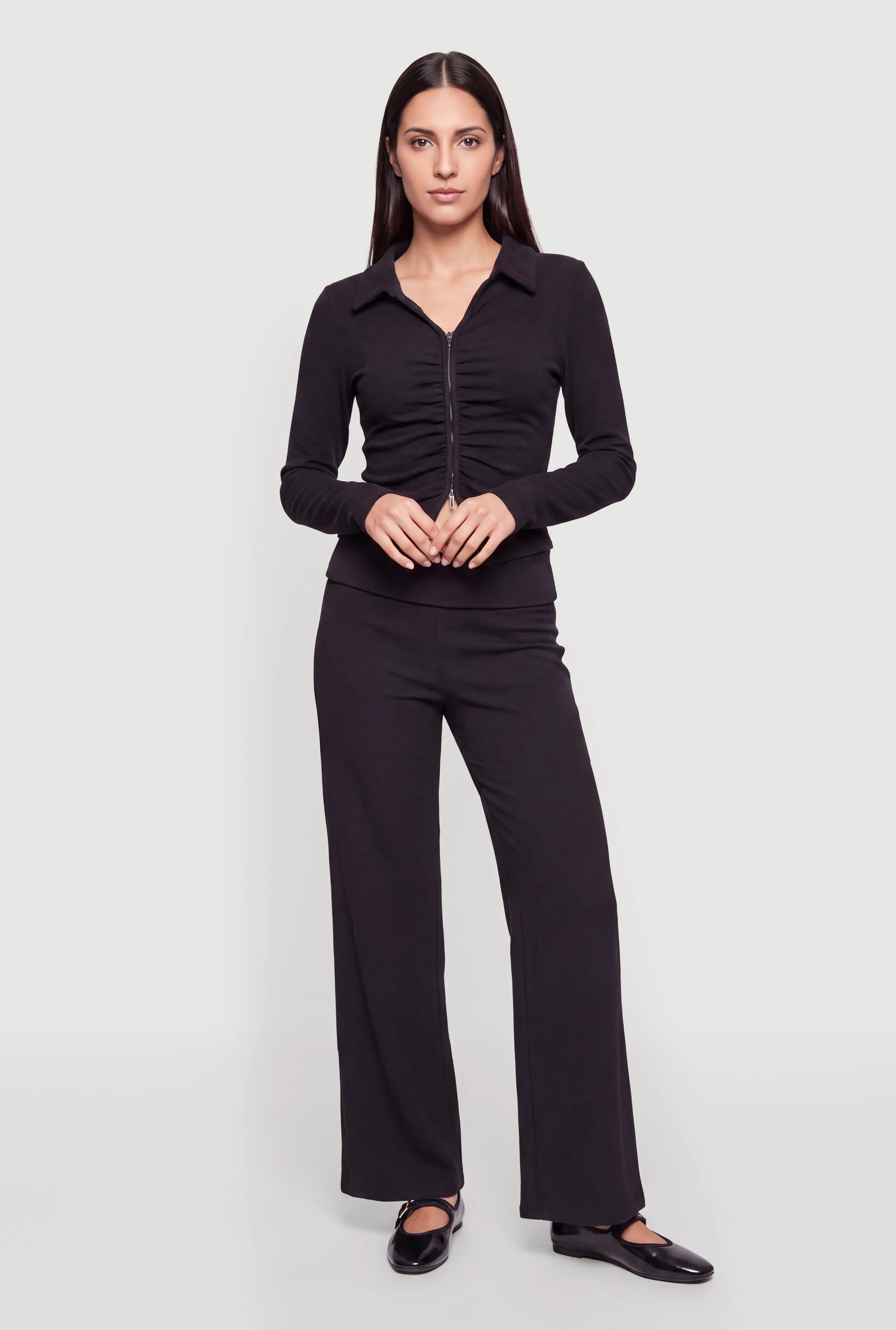 Brushed Rib Knit Ruched Double Zip Front Crop Top sold by Rainbow product image thumbnail 2