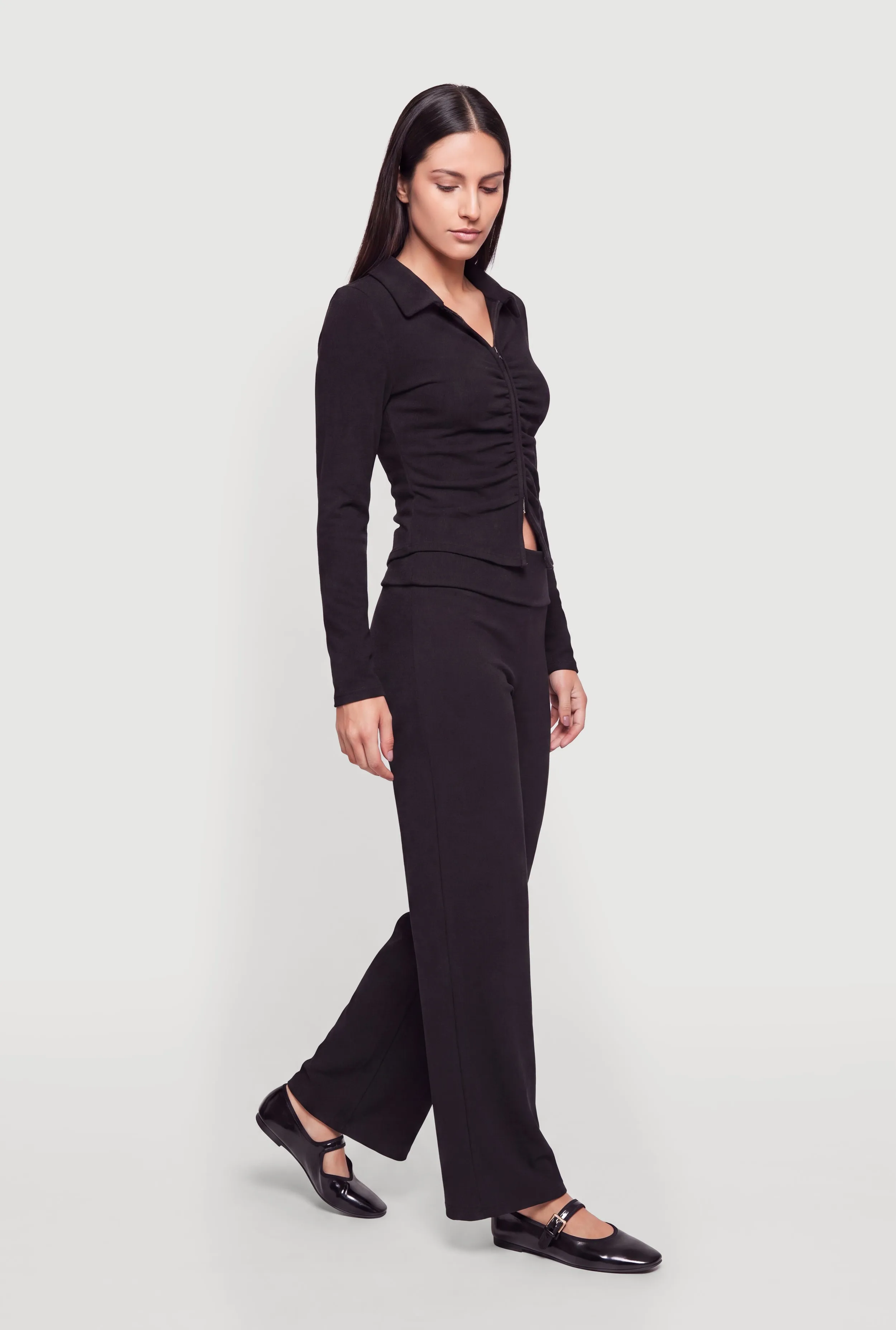 Brushed Rib Knit Ruched Double Zip Front Crop Top sold by Rainbow product image thumbnail 3
