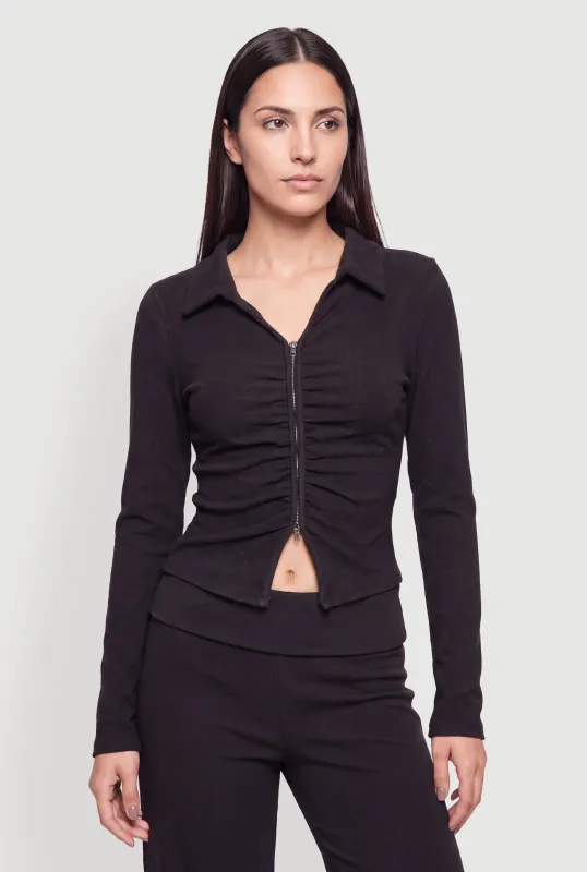 Brushed Rib Knit Ruched Double Zip Front Crop Top made by iris