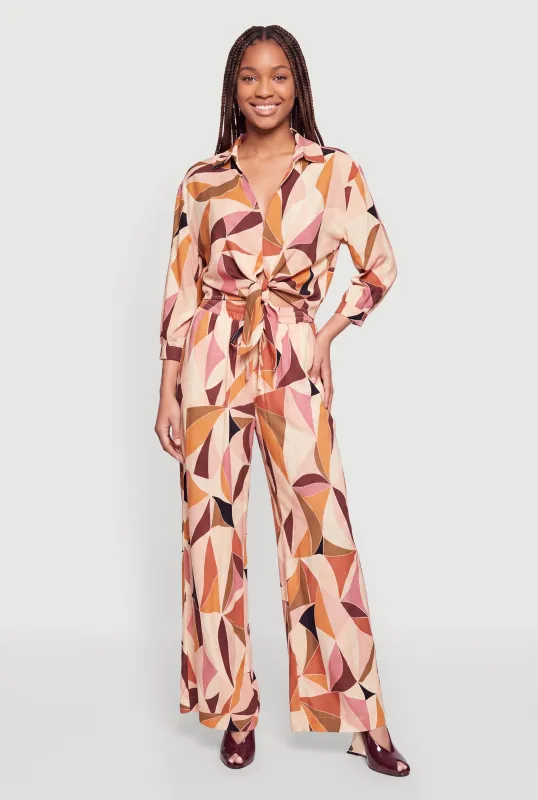 Printed Pattern Drawstring Waist Wide Leg Pants made by Rainbow