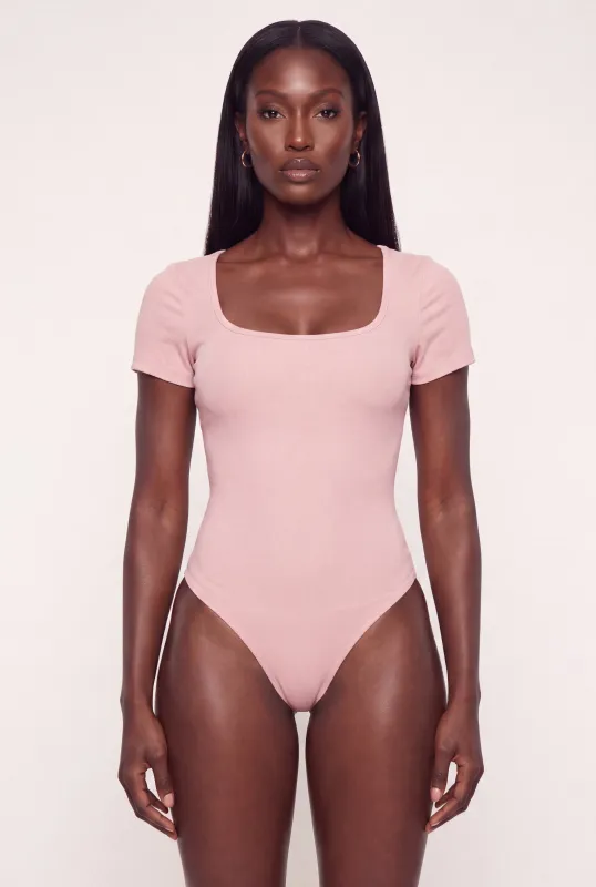 Brushed Knit Short Sleeve Square Neck Thong Bodysuit made by iris