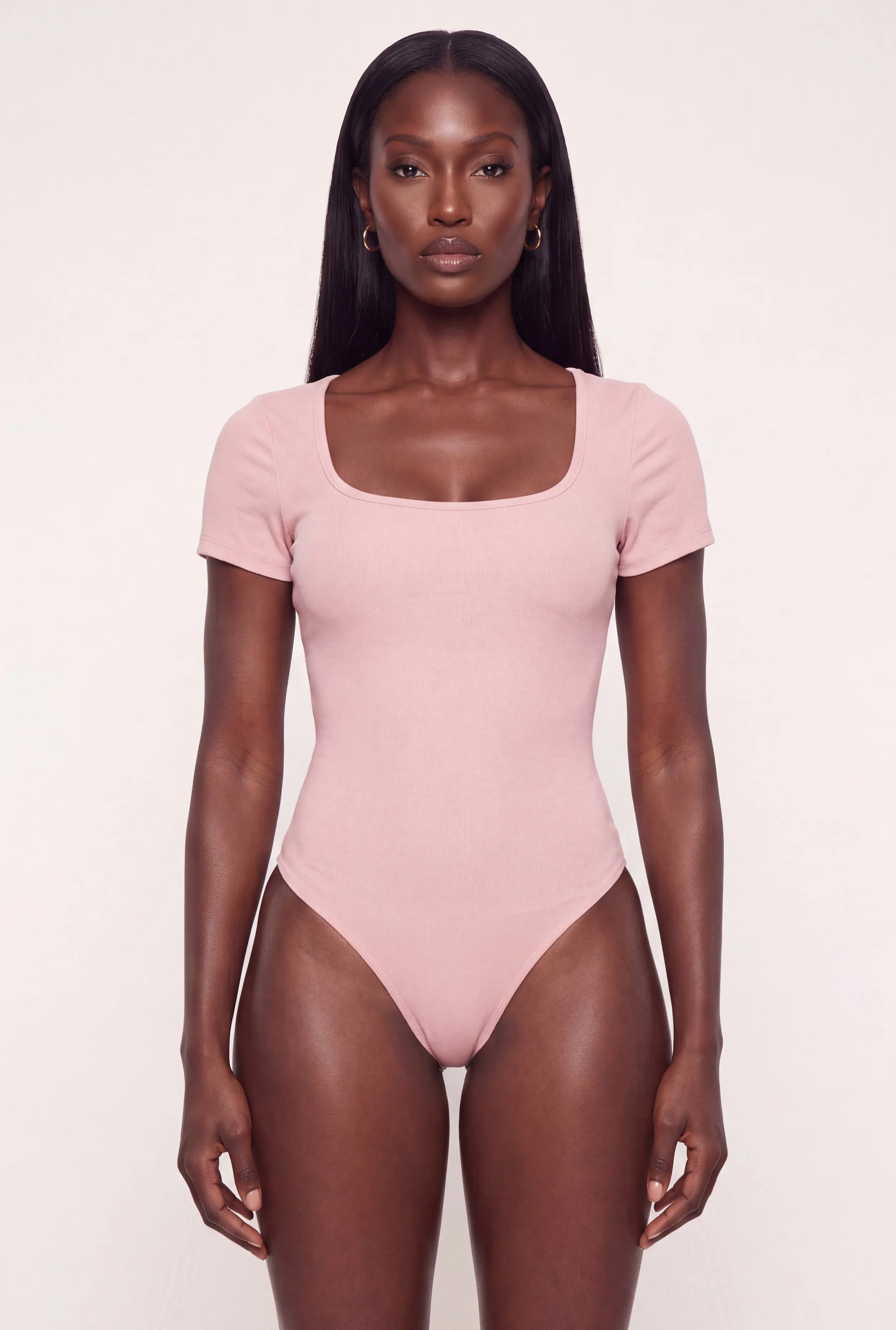 Brushed Knit Short Sleeve Square Neck Thong Bodysuit sold by Rainbow