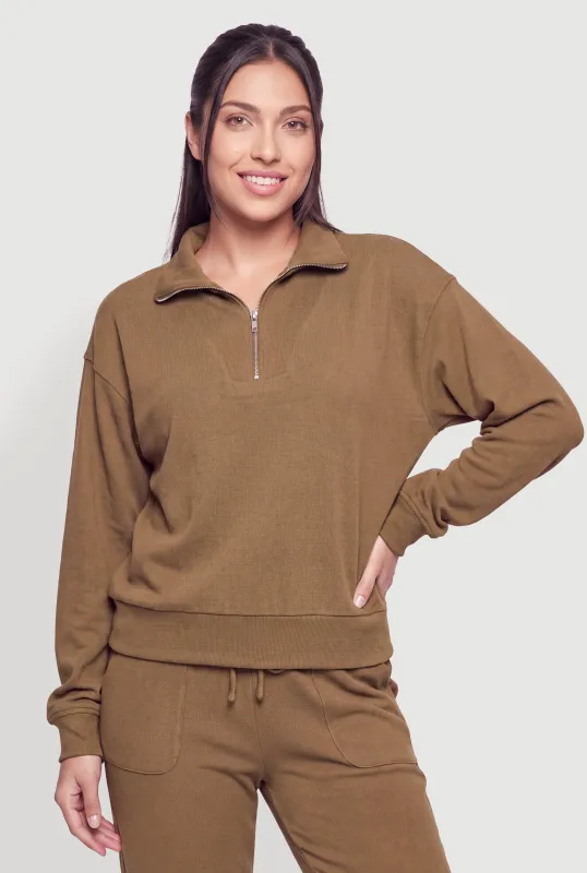 Brushed Ribbed Knit Quarter Zip Pullover Top made by iris