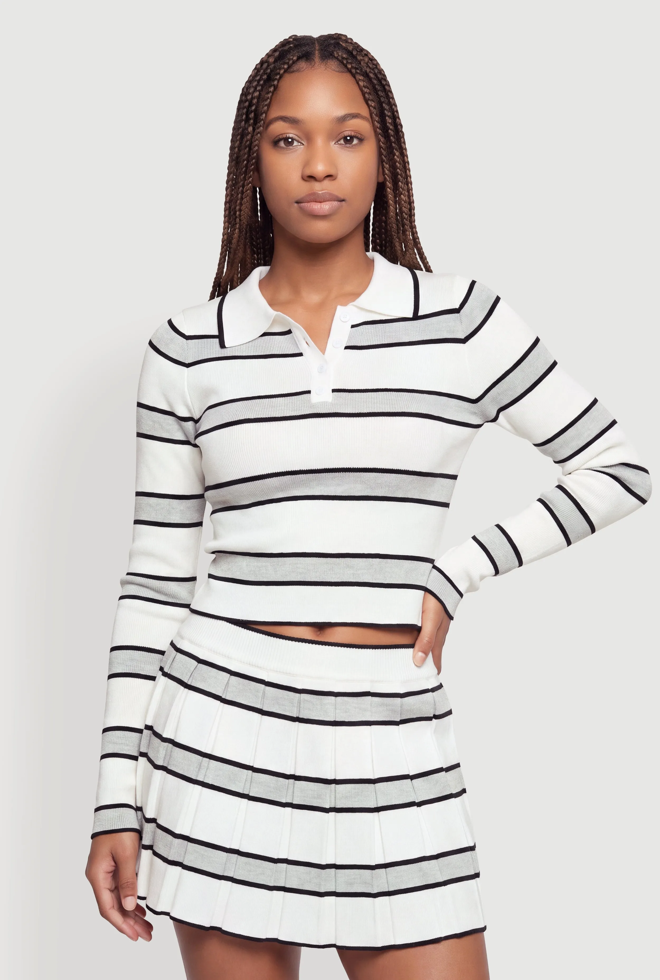 Striped Long Sleeve Cropped Polo Shirt sold by Rainbow product image thumbnail 3