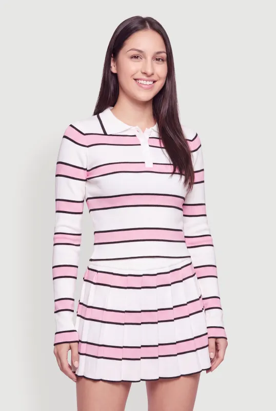 Striped Long Sleeve Cropped Polo Shirt made by Daisy