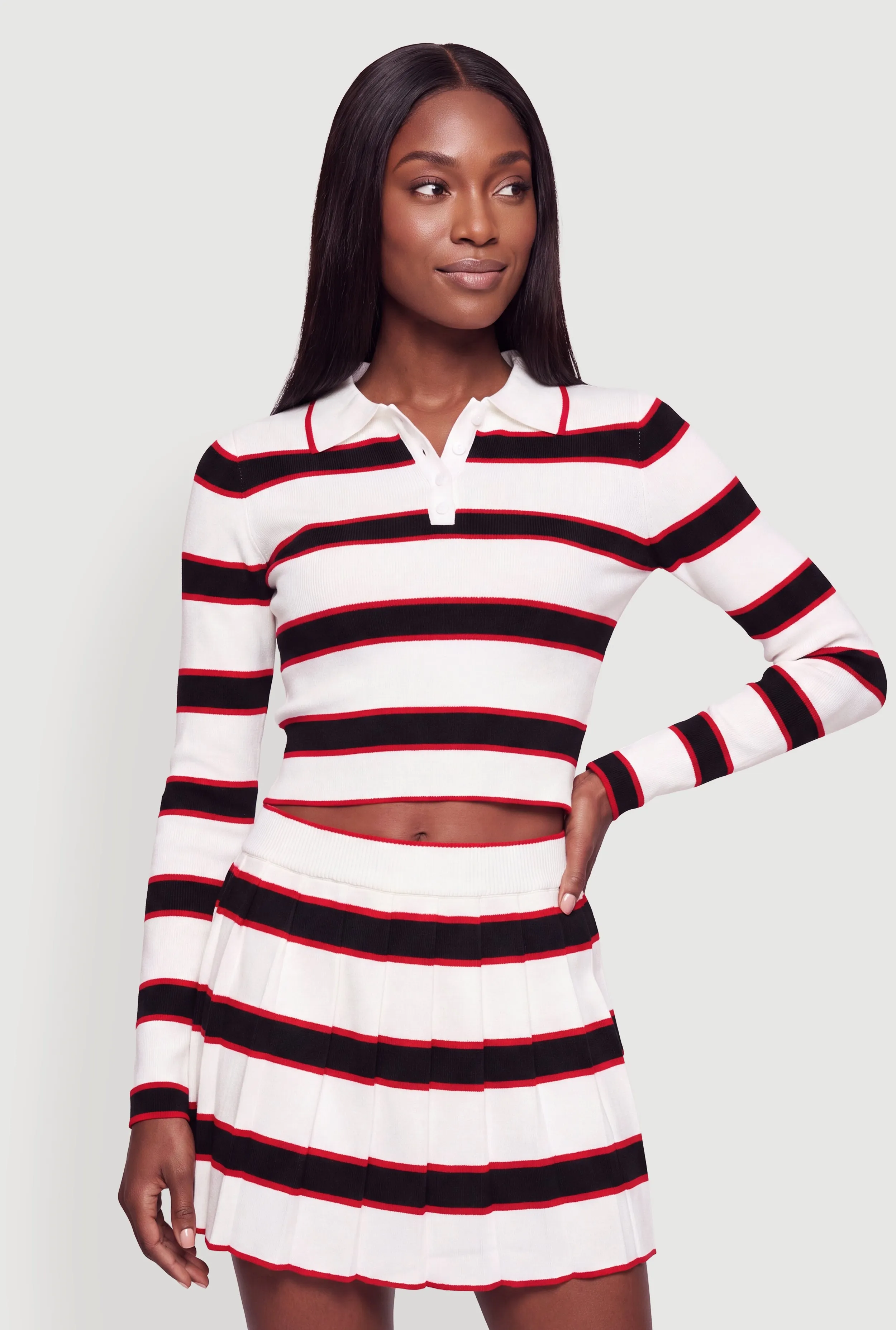 Striped Long Sleeve Cropped Polo Shirt sold by Rainbow product image thumbnail 4