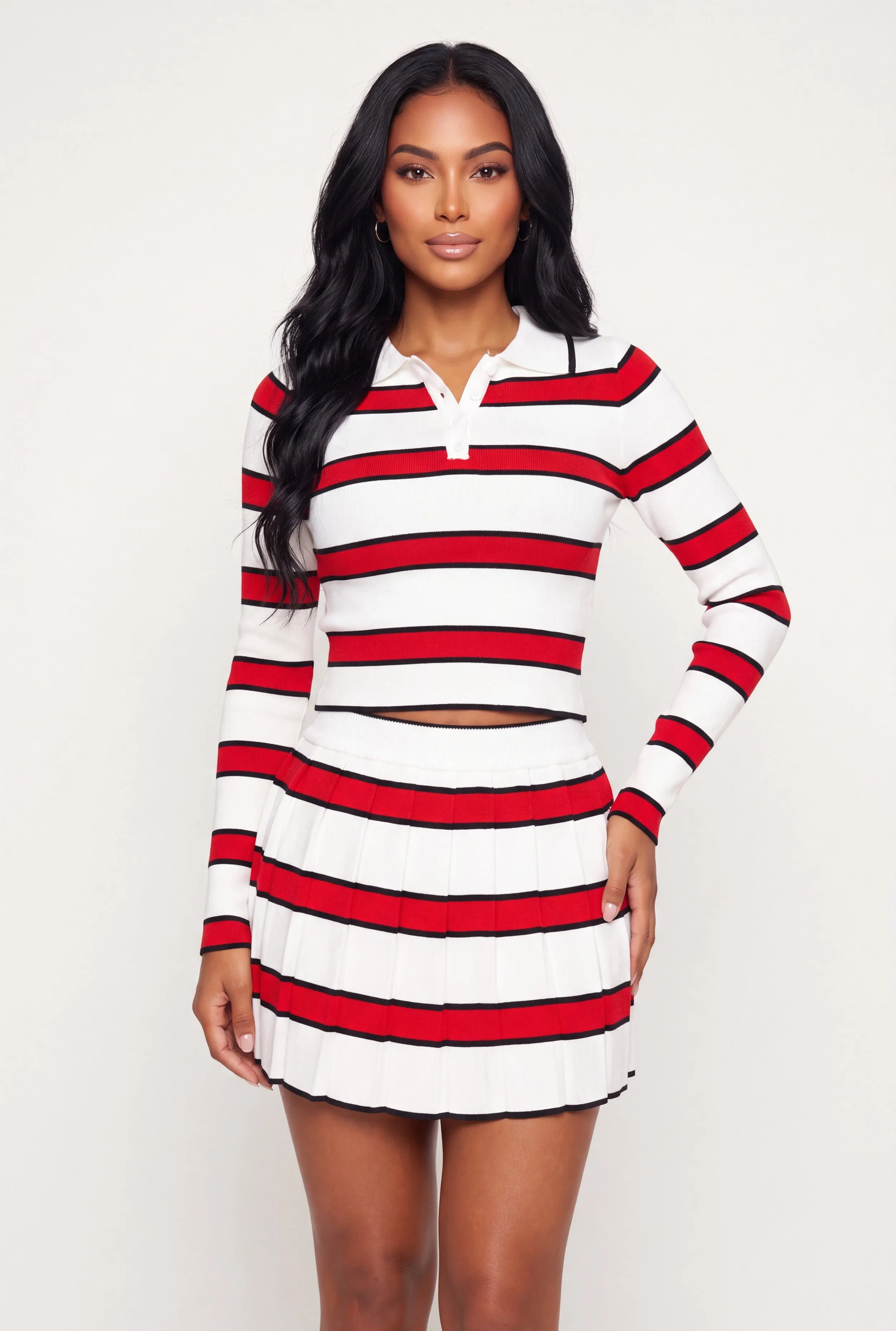 Striped Long Sleeve Cropped Polo Shirt sold by Rainbow product image thumbnail 2