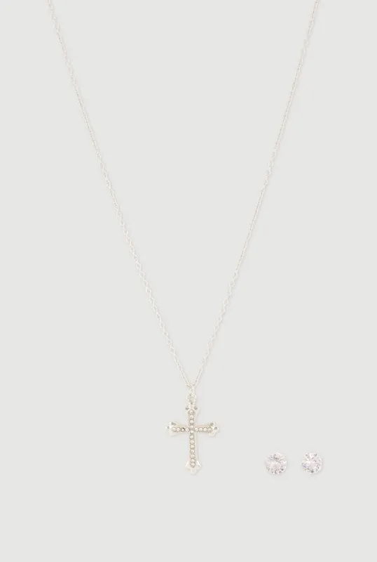 Cross Pendant Necklace with Stud Earrings Set made by Rainbow