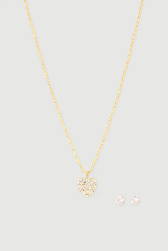 Rhinestone Heart Pendant Necklace and Stud Earrings Set made by Rainbow