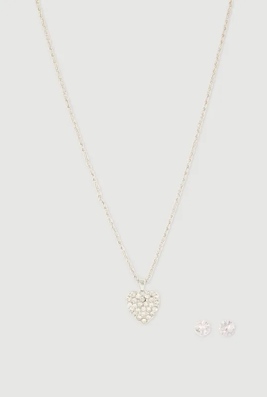 Rhinestone Heart Pendant Necklace and Stud Earrings Set made by Rainbow