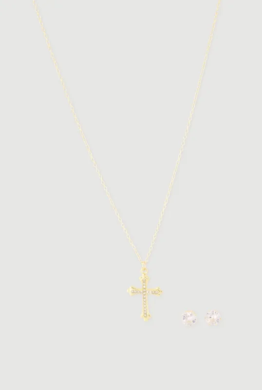 Cross Pendant Necklace with Stud Earrings Set made by Rainbow