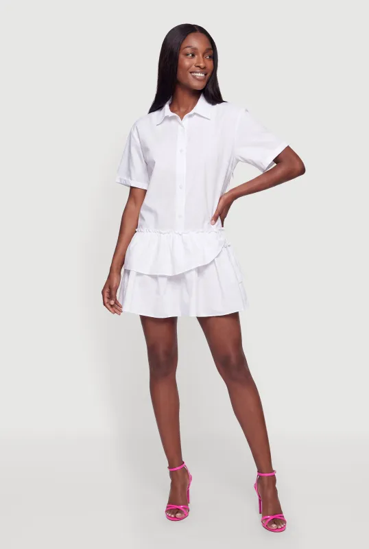 Button Front Tiered Ruffle Hem Shirt Dress made by Rainbow