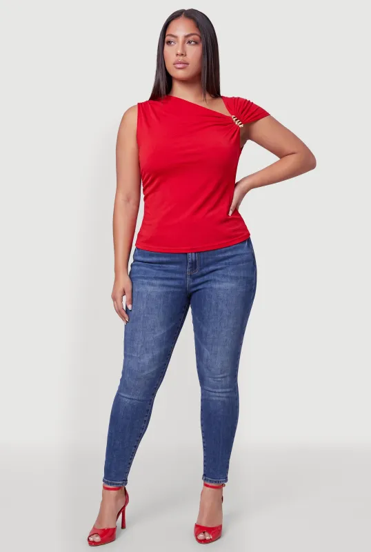 Plus Size Ruched Asymmetric Metallic Detail Top made by Rainbow