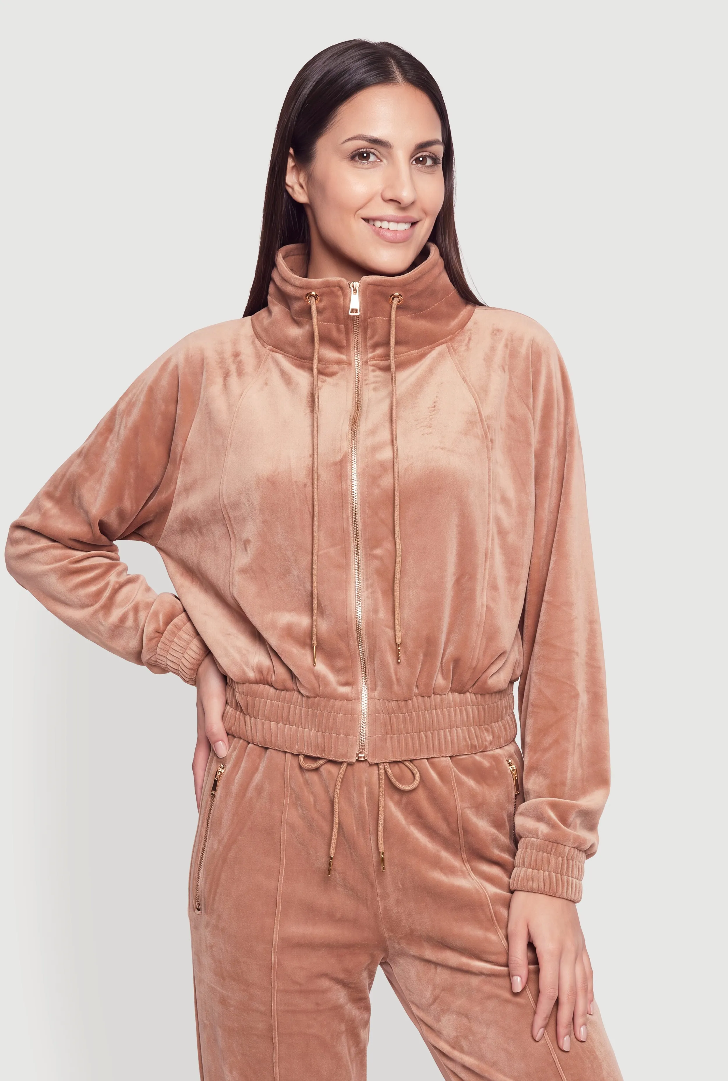 Mock Neck Zip Front Velour Top sold by Rainbow