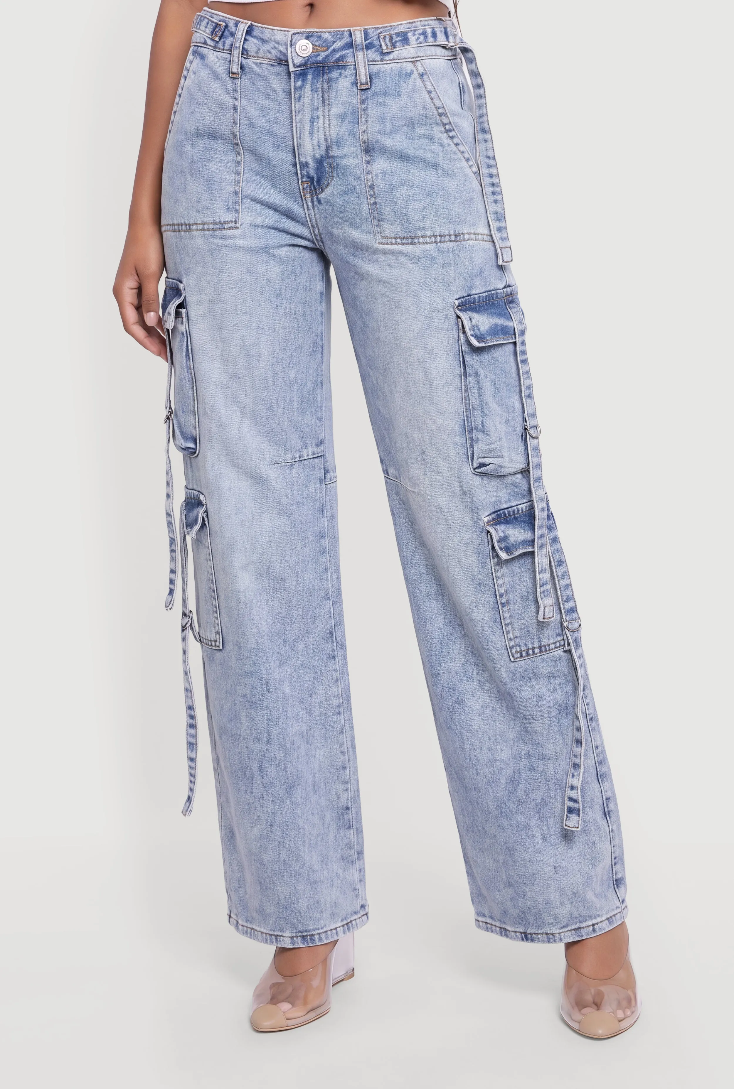 Tassel Detail Acid Wash Wide Leg Cargo Jeans sold by Rainbow product image thumbnail 3