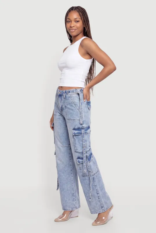 Tassel Detail Acid Wash Wide Leg Cargo Jeans made by Rainbow