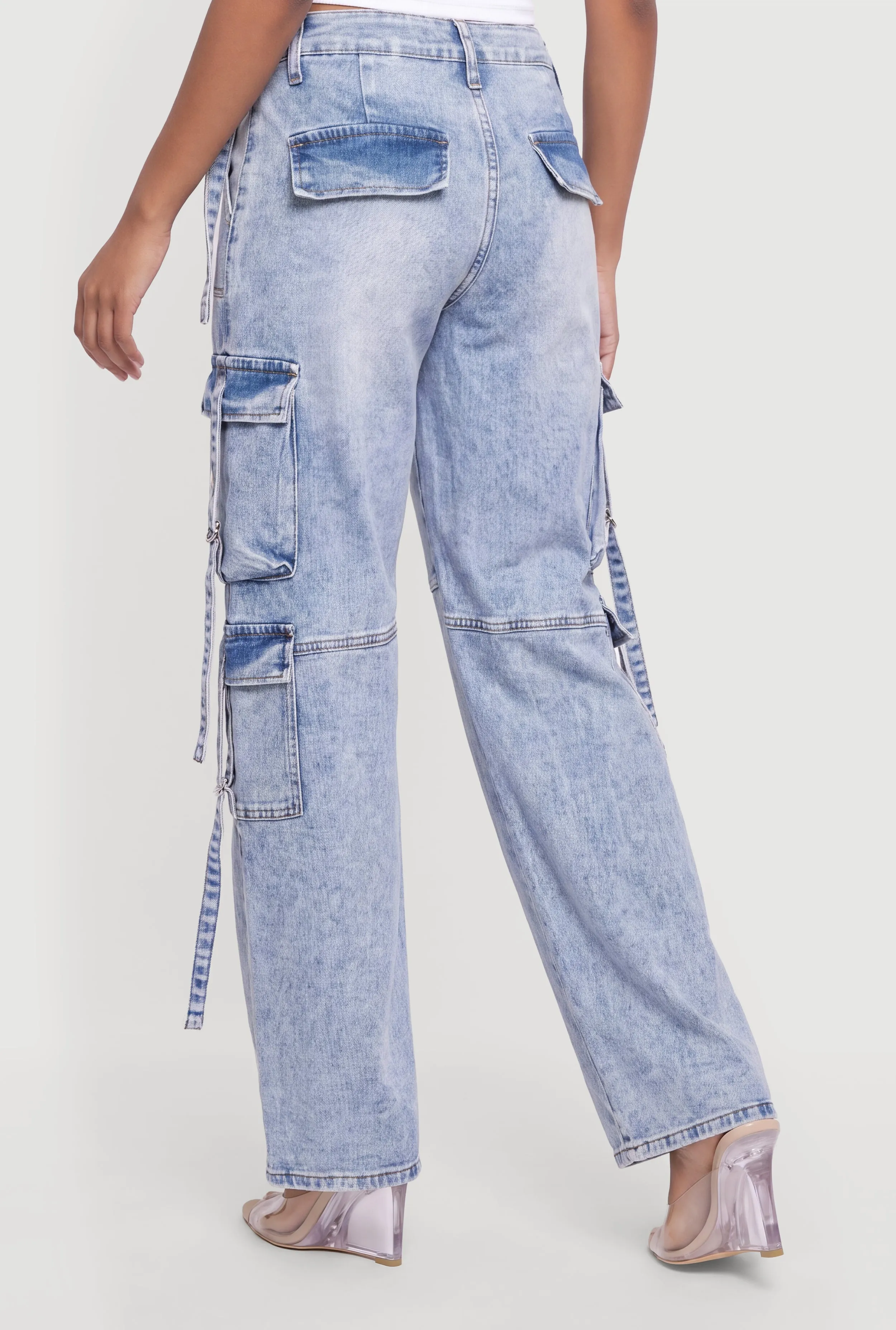 Tassel Detail Acid Wash Wide Leg Cargo Jeans sold by Rainbow product image thumbnail 5