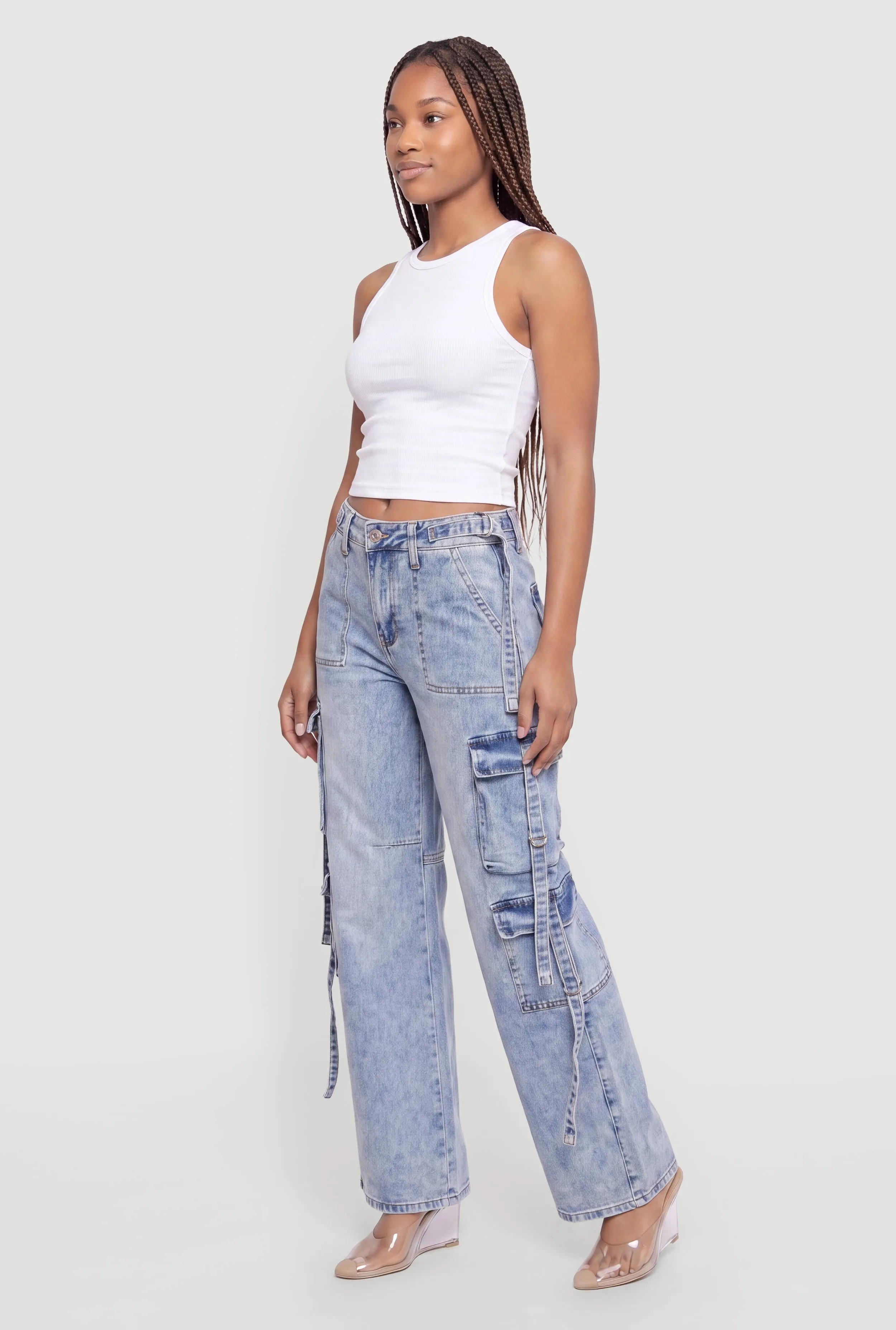 Tassel Detail Acid Wash Wide Leg Cargo Jeans sold by Rainbow product image thumbnail 2